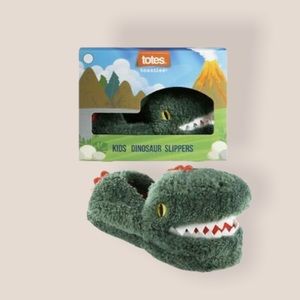 Totes Toasties Kids Dinosaur Slippers Green Faux Fur cozy size 11/12 NIB